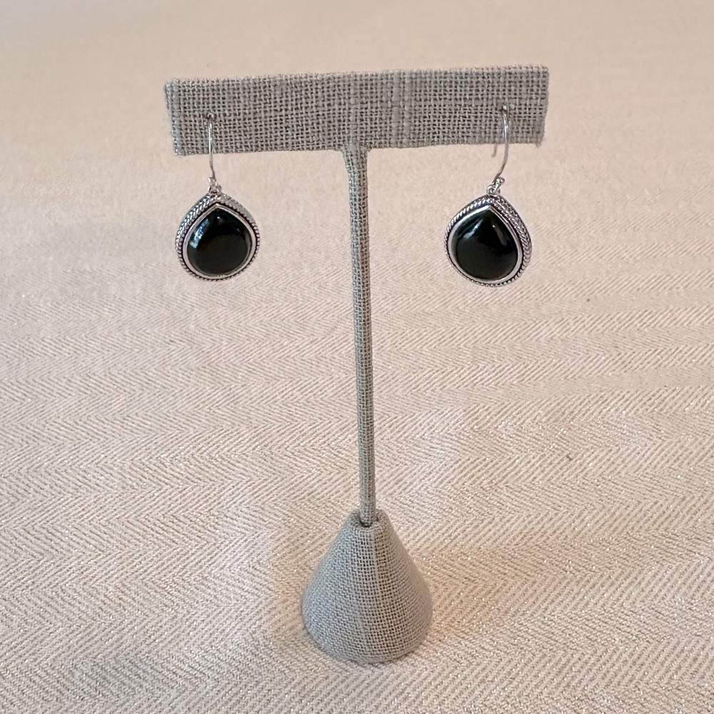 Sterling Silver Black Onyx Teardrop Dangle Earrings French Wire Classic - Picture 3 of 10